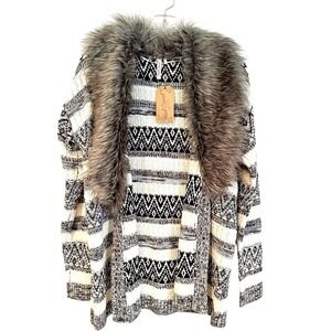 Red Camel‎ Faux Fur Long Sleeve Cardigan Sweater Women's Medium Black White NWT